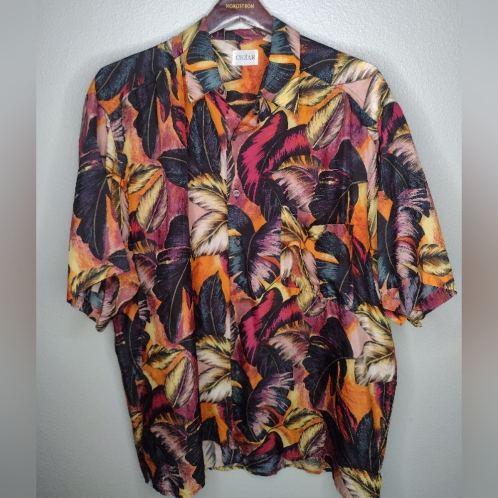 Cezar Mens Silk Tropical Palm Shirt Size XL Button Up Collar Resort A30